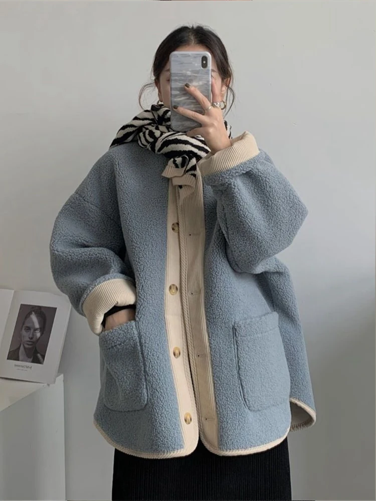 Korean Winter Patchwork Vintage O-Neck Women Coats Loose Short Sweet Thickening Long Sleeve Jacket Chic Outwear Top Clothing