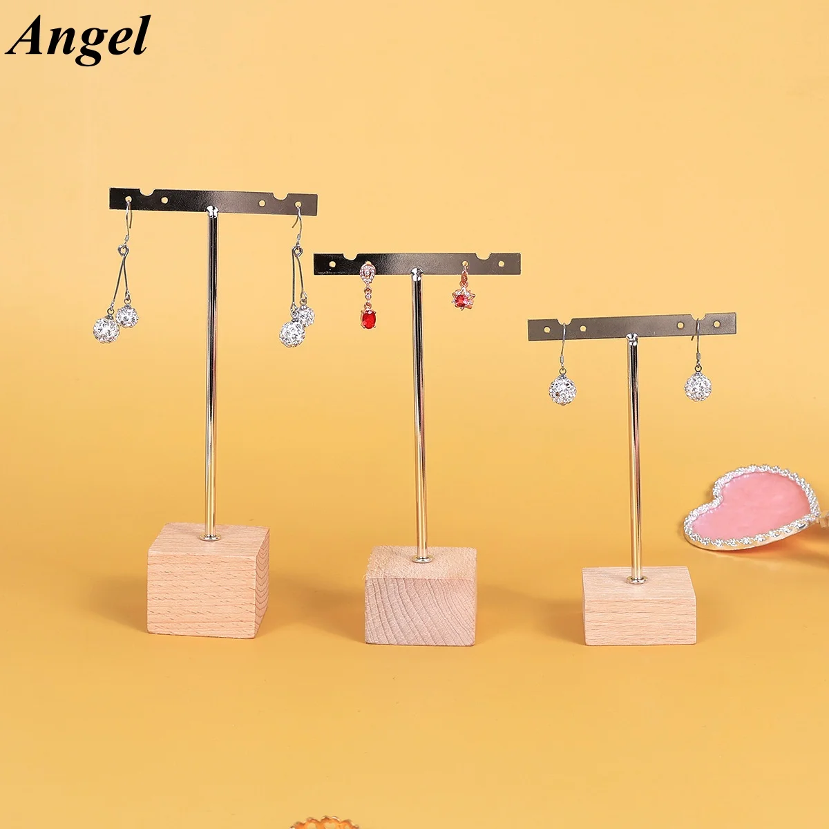 

T-Shape Square Base Earring Display Stand, Solid Wood Jewelry Holder Rack with Thick Bottom, Rotating Showcase for Photo Shootin