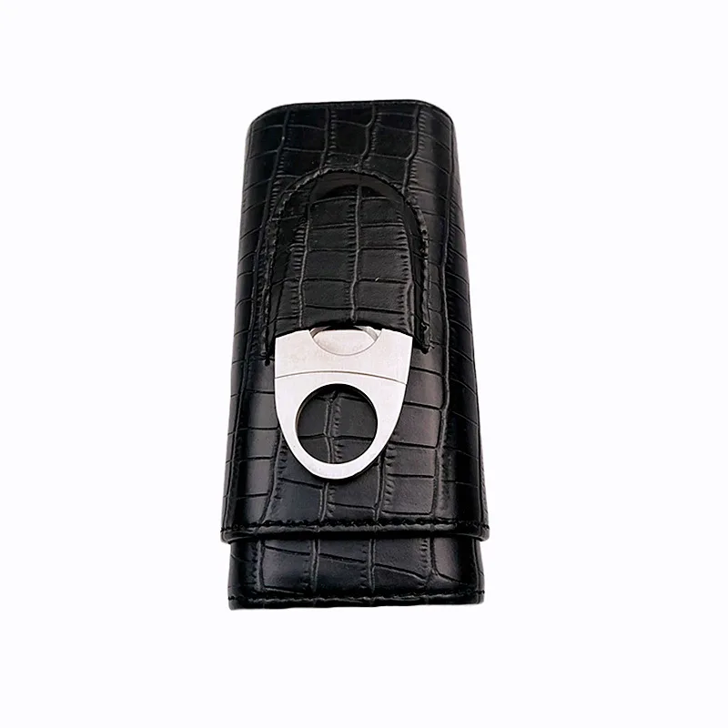 Cigar Humidor Portable Cigar Brown and Black Two Choices Cowhide Material Leather Case with Silver Cigar Cutter