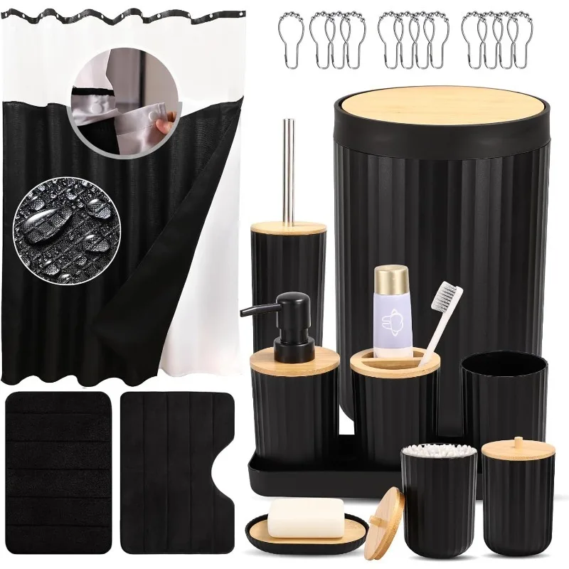 

24-Piece Black Bathroom Accessory Set - Includes Trash Can, Toothbrush Holder, Soap Dispenser, Shower Curtain & Bath Mat, Modern