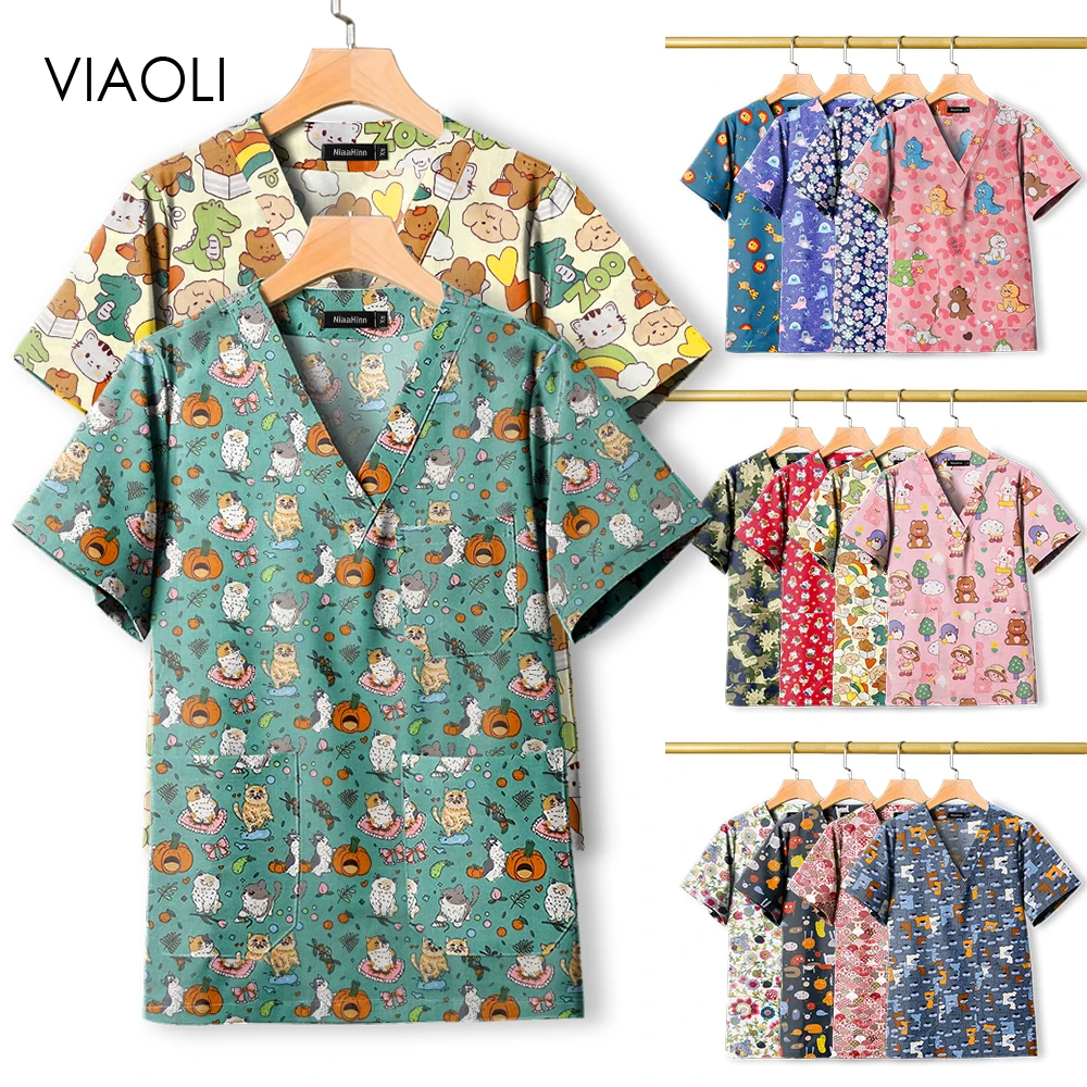 

Fashion Printed Work Clothes with Pockets V-neck Short Sleeved Cotton Shirt Men Women Workwear High-end Doctors Nurses Scrub Top