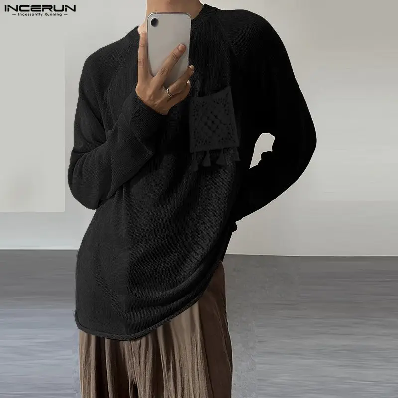 

INCERUN Men T Shirt Patchwork Knitted O-neck Long Sleeve Male Tee Tops Loose Streetwear Korean Style Fashion Casual Men Clothing
