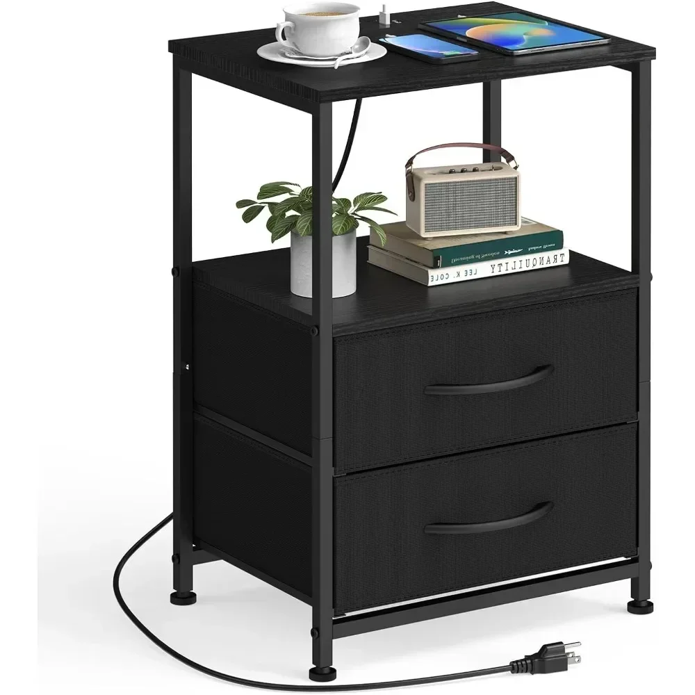 Nightstand with Charging Station End Table with 2Fabric Drawer Bedside Table with USB Ports and Power Outlets Modern Night Stand