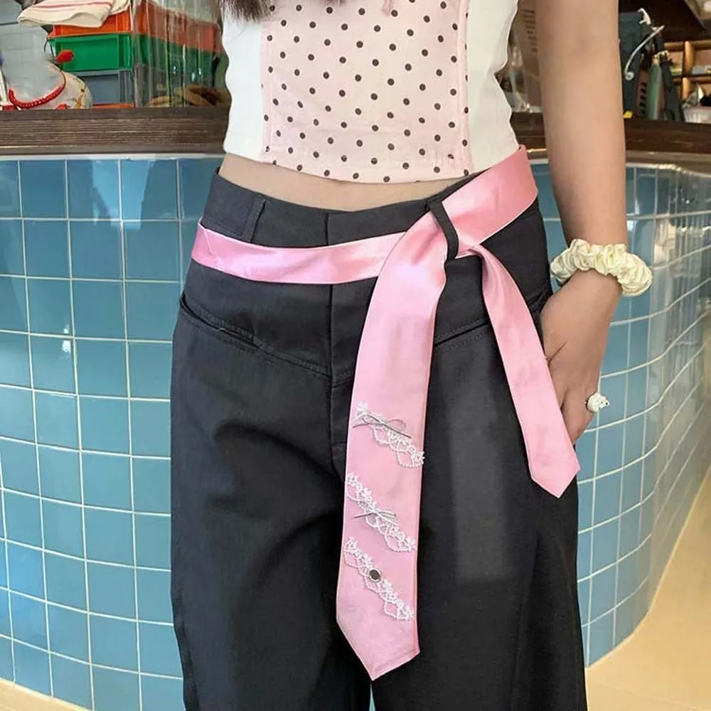 

Elegant Multi-Use Ribbon Bow Tie Y2K Lace Satin Long Necktie Collares Smooth Decoration Waist Belt Bag Accessories