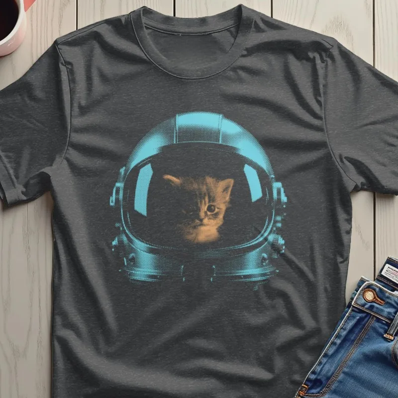 Fun Space Cat T-shirt, Retro Astronaut Kitten Pattern T-shirt for Women, Summer New Unisex