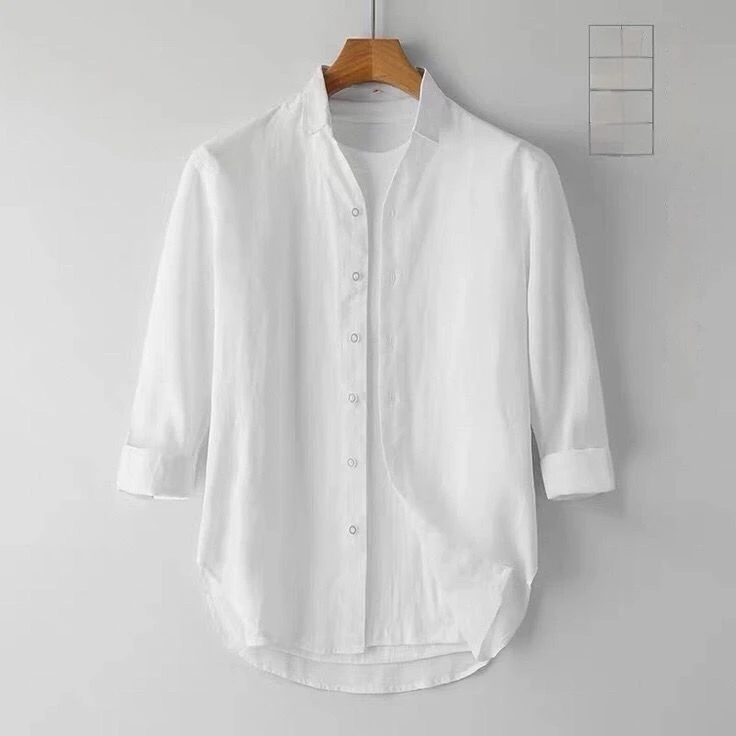 

Дышащая мужская повседневная рубашка из смесового хлопка, влагоотводящая, летняя, свободного кроя, с рукавом три четверти, на пуговицах, с опцией длинного рукава