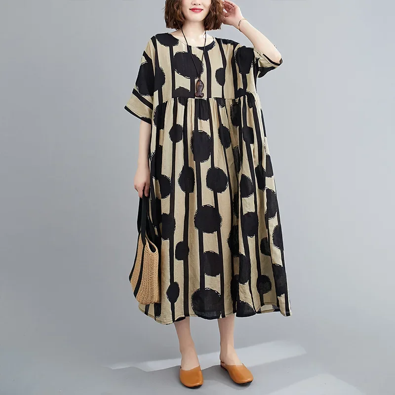 2024 Summer New Casual Wave Point Print Loose Dresses for Women Korean All Match O-neck Short Sleeve Pockets Dress