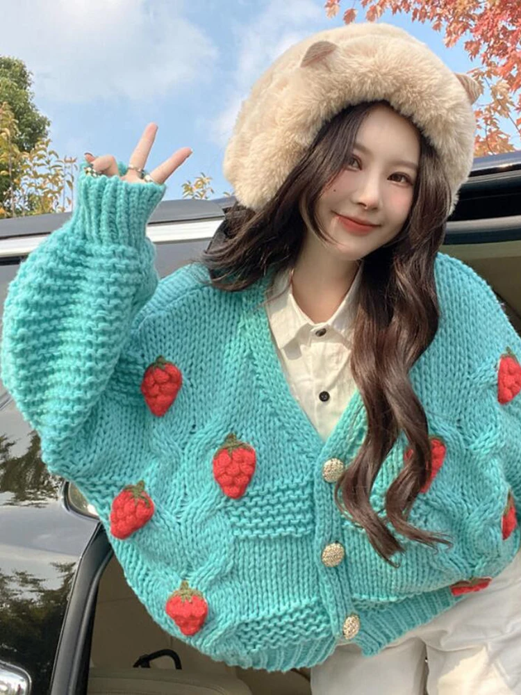 ZOKI Cute Strawberry Women Cardigan Sweater Oversize Winter Loose Fashion V Neck Hand 3D Knit Ladies Jumper Casual Female Coat