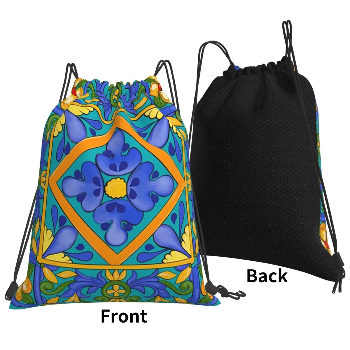 Summer ,Sicilian Tiles ,majolica,lemons ,Mediterranean Backpacks Drawstring Bundle Pocket Shoes Bag Book Bags for Travel School