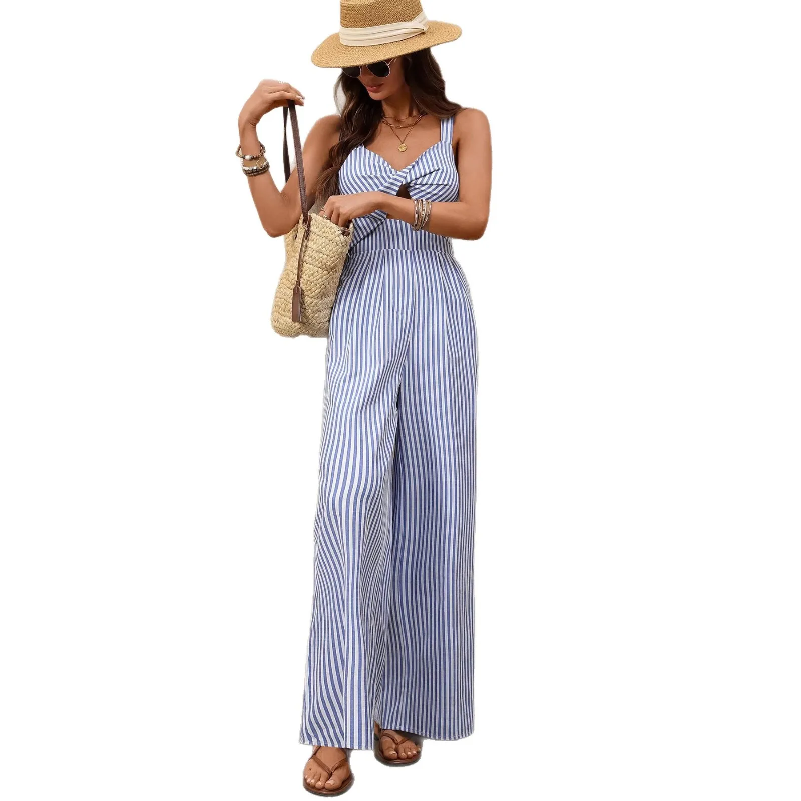 

Spring Summer 2026 Women's Stripe Hollow out Pants V Neck High Waist Long Pants CrossBoder Fashion Polyester Fabric