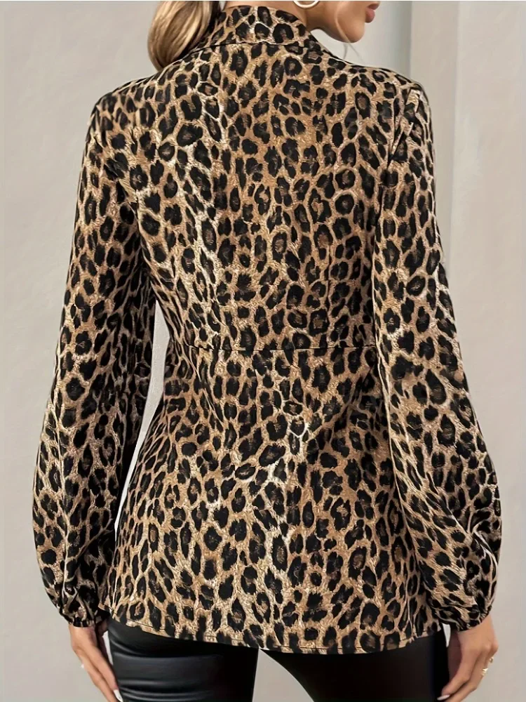 Nueva ropa de mujer, camisa de manga larga con cuello en V, moda con estampado de leopardo, manga acampanada con cordones, ropa Sexy ajustada para discoteca, Top de moda