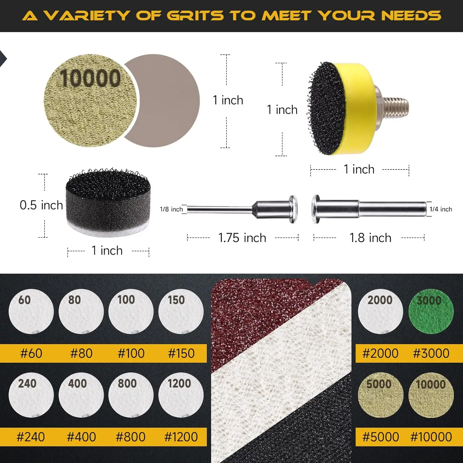 1 Inch Sandpaper Kit 364 Pcs with Backing Pad Soft Interface Pad 60-10000 Grits Grinding Abrasive Sanding Disc for Wood Metal