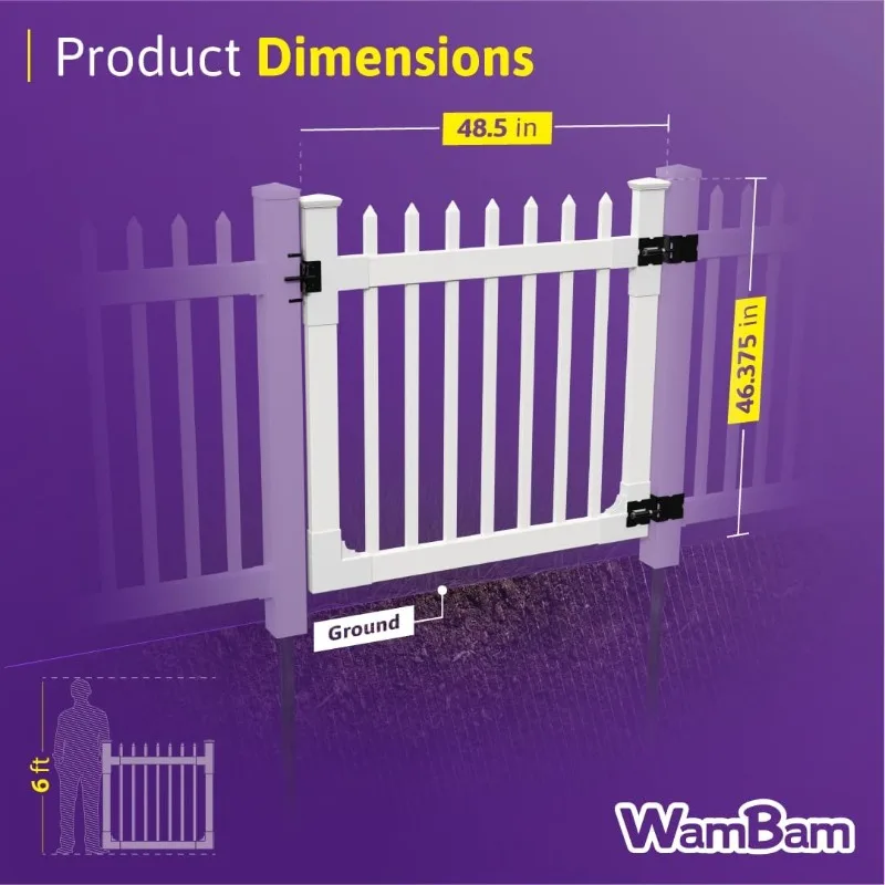4ft H x 4ft W (1 Gate) No Dig WamBam Nantucket Gate Kit، White Vinyl Picket Yard Fence Gate مع الأجهزة المتضمنة لـ Nantucket