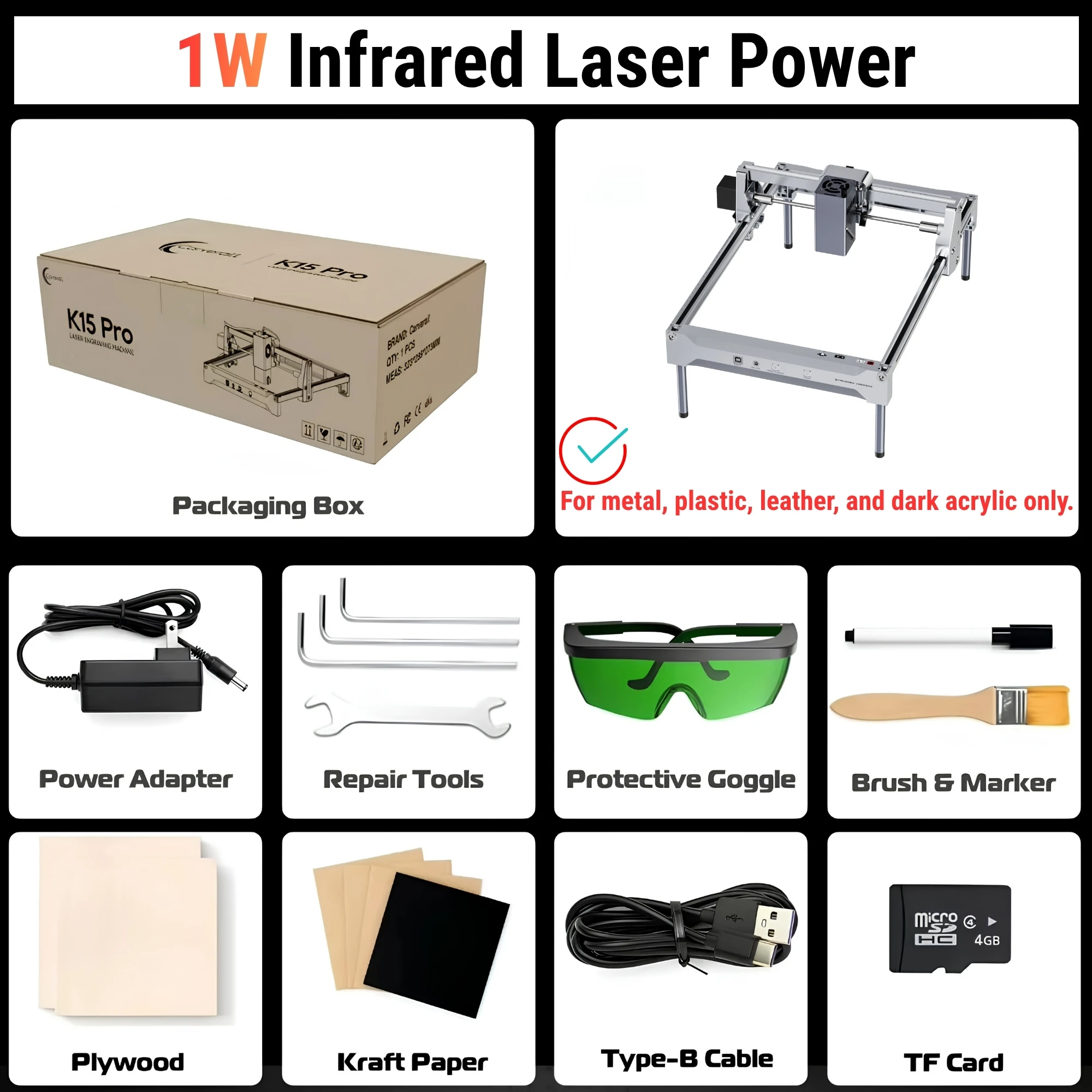 K15PRO Lasergraveermachine met 1064nm IR-module voor metaal, sieraden, goud, zilver, roestvrij staal, 1W infraroodmarkering, desktopmodel