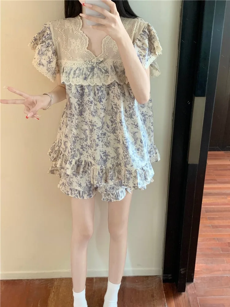 Sweet Princess Style Lace Short Sleeve Sleepwear Set Women's Summer Floral Print Nightgown Shorts Home Clothes Female
