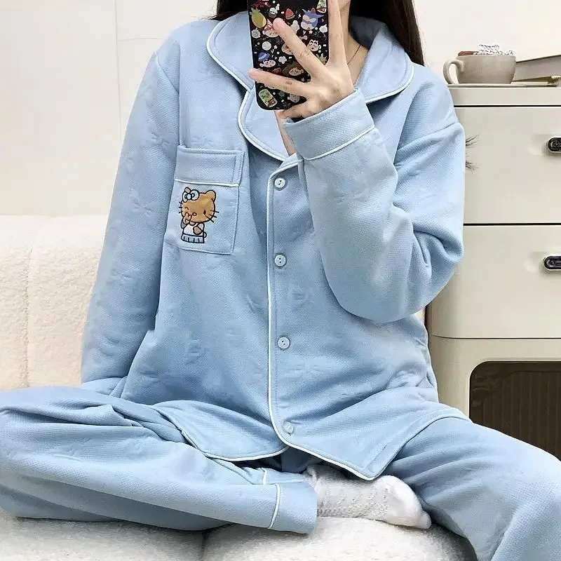 

Miniso HelloKitty Sleepwear Cotton Printed Spring Autumn Outdoor Home Furnishing Set Student Loose Casual Cardigan Two Piece Set