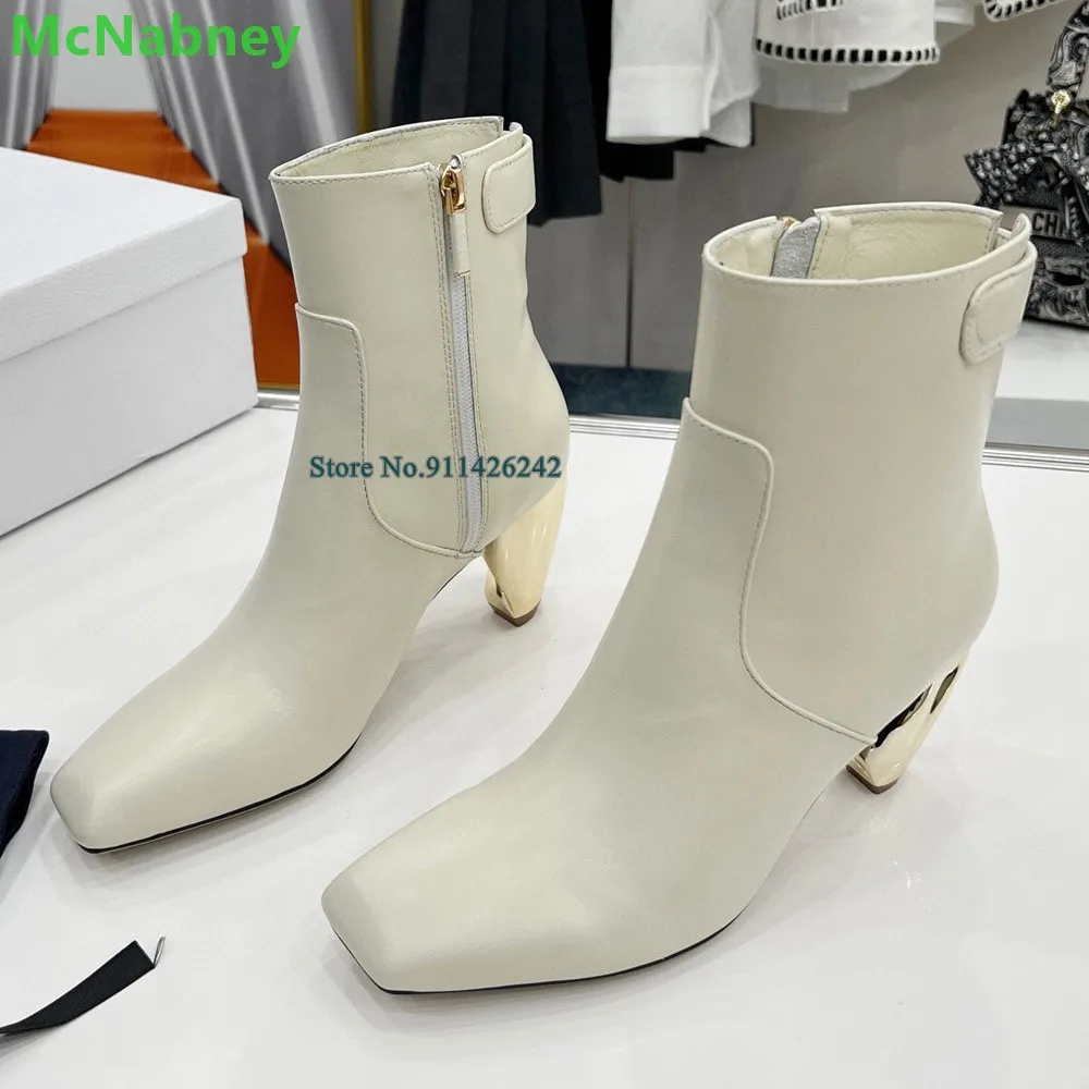 2024 Leather Fabric Square Toe Short Boots For Female Women Luxury Designer Side Zipper Metal Strange Heel Solid Fashion Shoes