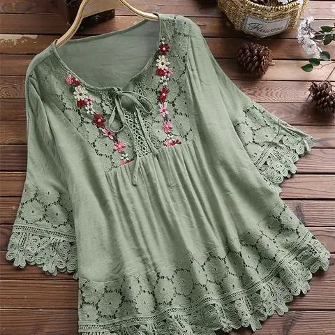 

Summer New Cotton Linen Patchwork Lace Edge V-Neck Women's Top