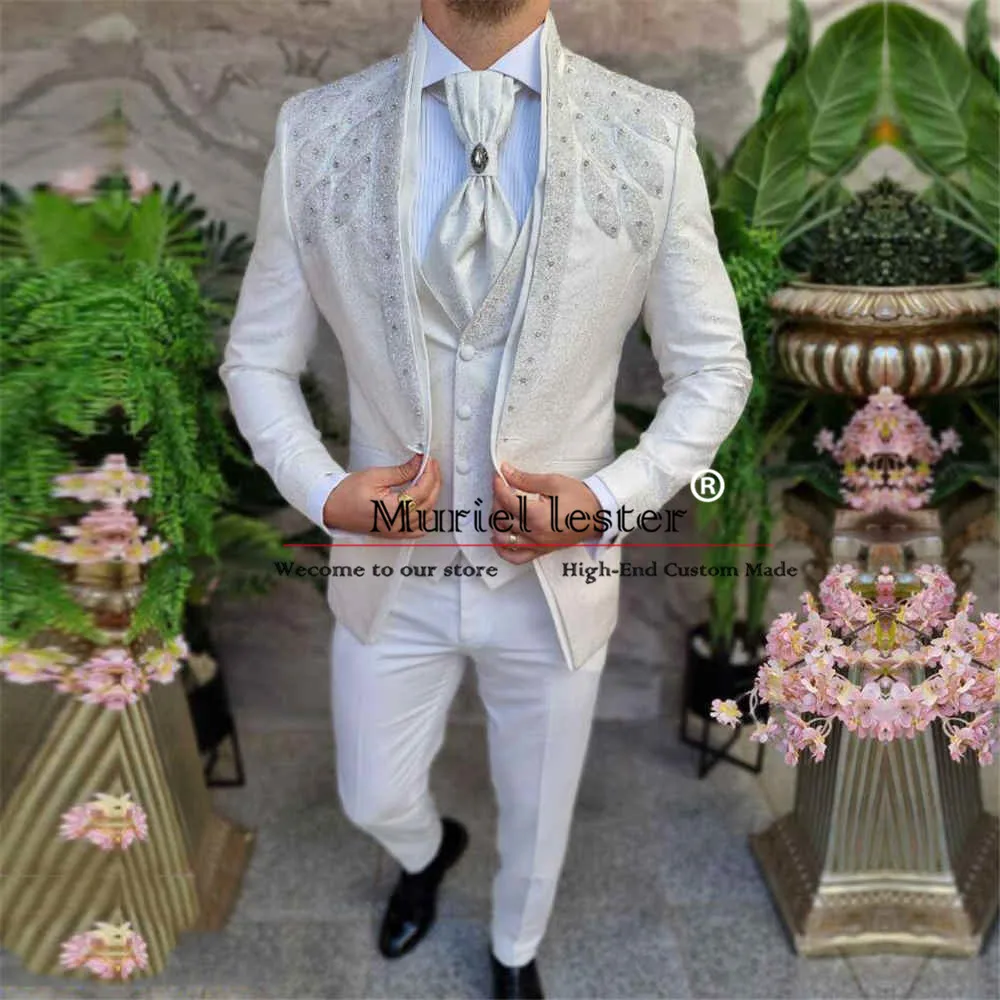 Luxury Ivory Tuxedos Men Suits Wedding Elegantes Crystals Beading Floral Jacket Vest Pants 3 Pieces Groom Tuxedos Costume Homm