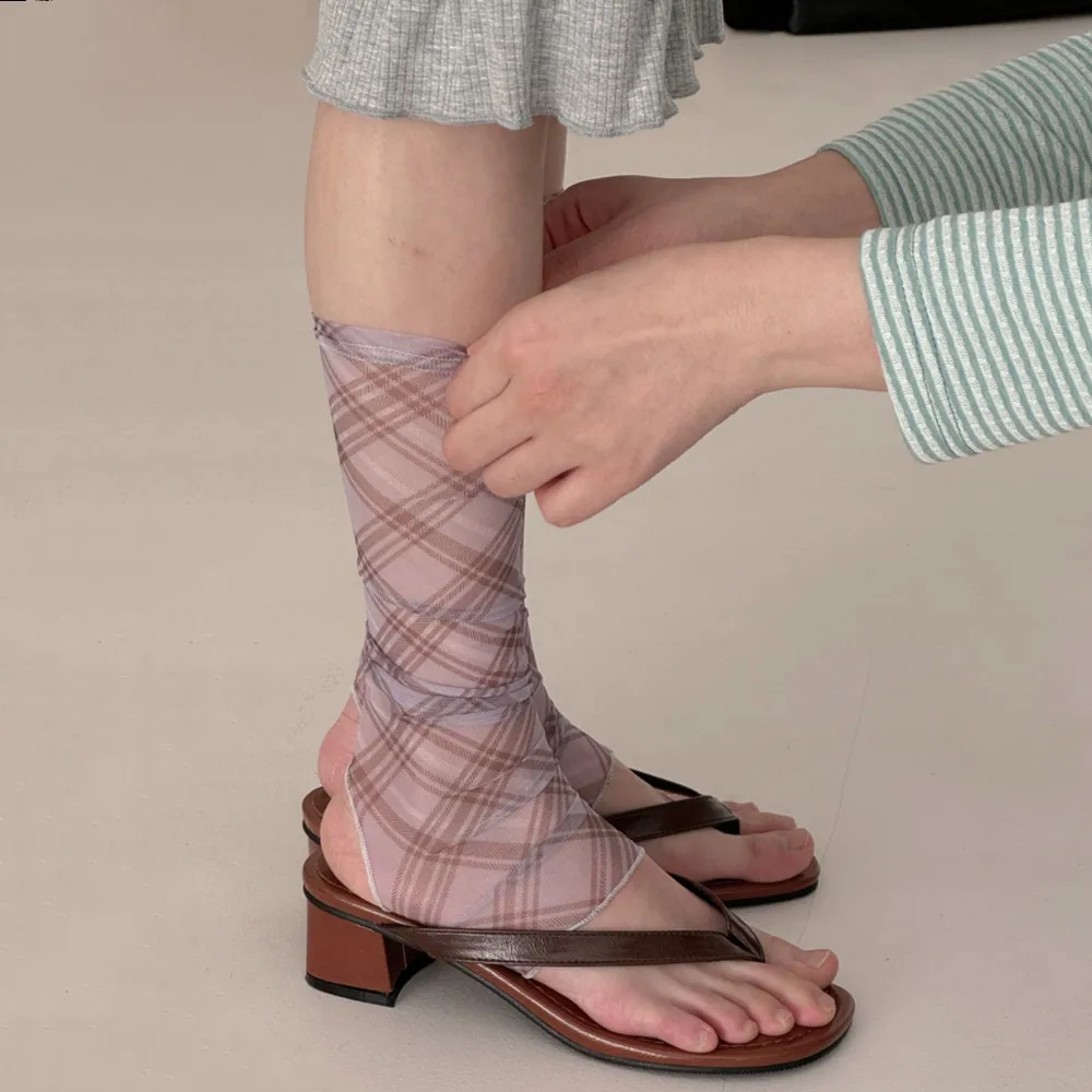 Retro Karierte Netz-Beinstulpen Dünne Atmungsaktive Netz-Mittelsocken Mädchen Beinabdeckung Sommer Sonnenschutz Fußabdeckung Damen Beinwärmer