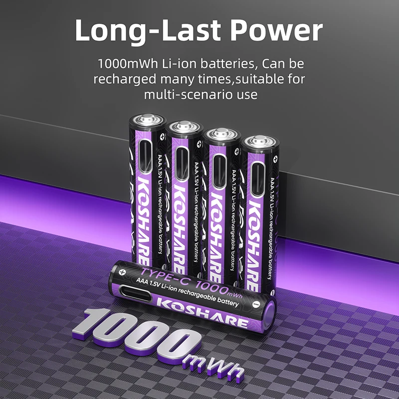 KOSHARE 2/24pcs Li-ion Rechargeable Batteries AAA AA 1.5V Long-Lasting High Capacity 1000mWh 4255mWh USB-C For Remote Controls