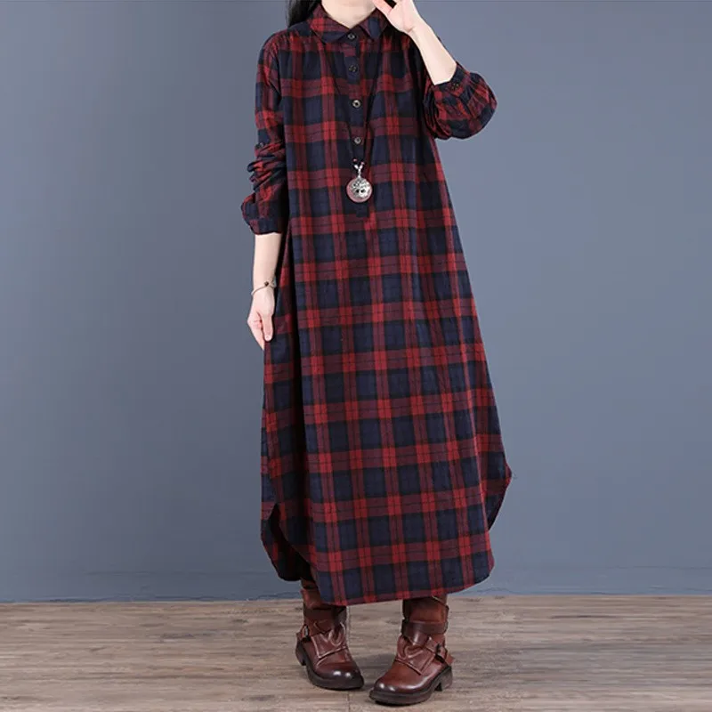 Frühling Und Herbst Neue frauen Mode Lose Spleißen Plaid Kragen Taste Langarm Kleid Medium Länge Hemd Maxi Kleider 2026