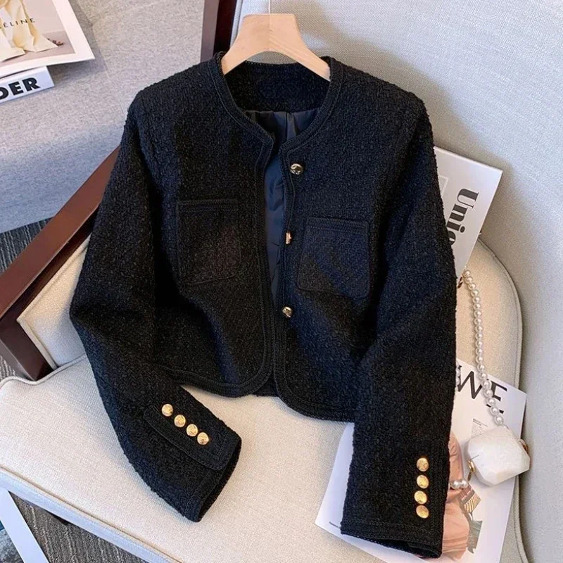 Fashion Winter 2024  Women's Jackets Metal Buttons Temperament Elegant Black Coats Woman Short Korean Style White Tweed Jackets