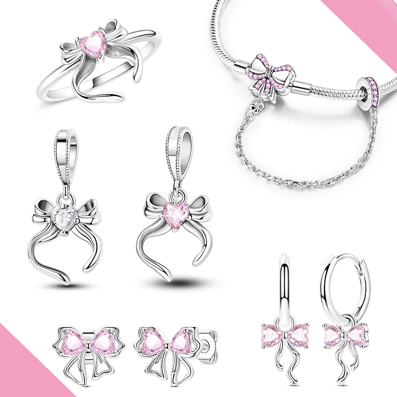 

Комплект ювелирных изделий с розовым бантом, оригинальные очаровательные серьги, браслет, кольцо, подходит для женщин, модные ювелирные изделия, подарок