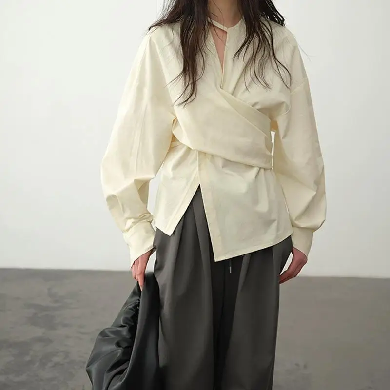 

Women's Shirt 2025 Spring Autumn New Lazy Cross Waist Slimming Top Loose Fit Long Sleeve Color Fashion plus Size Tshirt