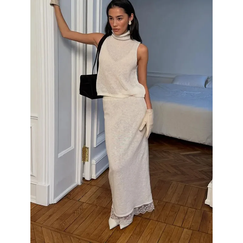 

Элегантный комплект из жилета и юбки BKQU: женский летний топ без рукавов с воротником-стойкой и облегающая длинная юбка с кружевной отделкой – шикарный повседневный наряд из двух предметов