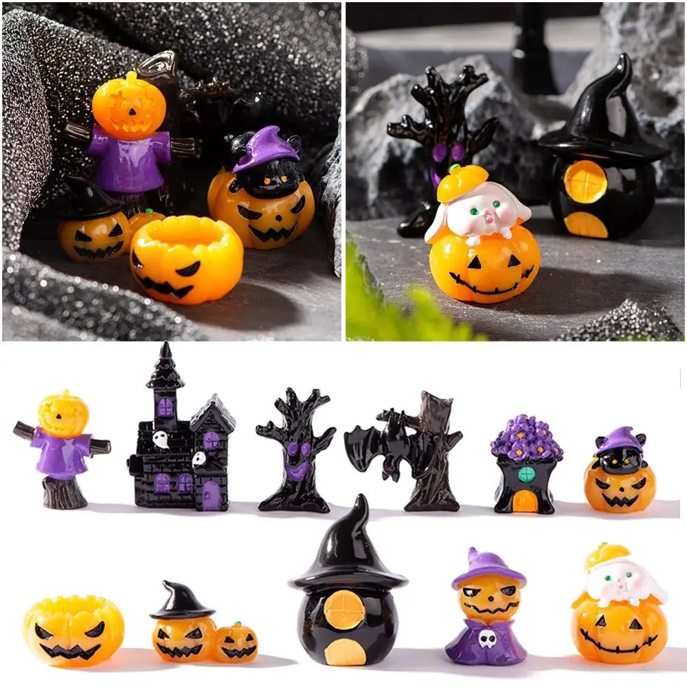 Mini Halloween Miniature Figurine Purple Castle Tree House Cartoon Scary Pumpkin Statue Car Decoration Pranky Prop