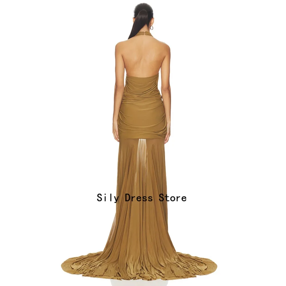Maßgeschneiderte Neckholder-Illusions-Abendkleider Gelbes Modisches Maxi-Partykleid Langes Elegantes Modernes Formelles Ballkleid für Damen 2026 – Detail 3