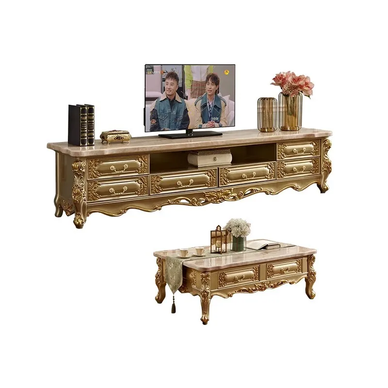 Solid wood coffee table TV cabinet combination, marble, large and small apartment, living room luxury floor cabinet,