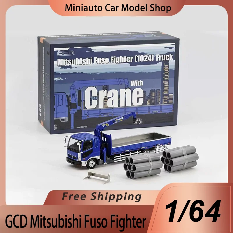 

New In Stock Gcd 1:64 Mitsubishi Crane Arm Truck Fuso Boom Truck Alloy Miniature Diecast Model Gift Cement Pipe And Box Toy Gift
