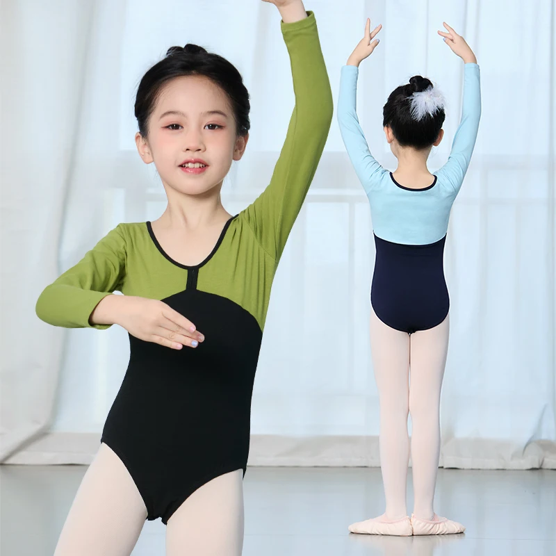 Body da balletto per ragazze adolescenti Body da ballo con giunture colorate Body da ginnastica a maniche lunghe Foderato Costumi di danza classica per bambini