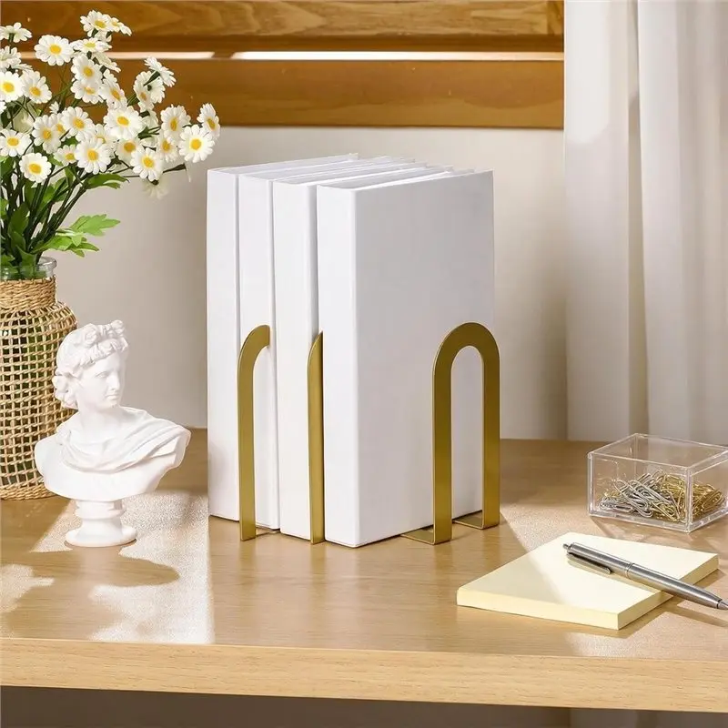 B48A Heavy Duty U Shaped Book Holders-Gold Metal Bookends, 6 Pcs Sturdy Decorative Book Stoppers, Space Saving Book Supports