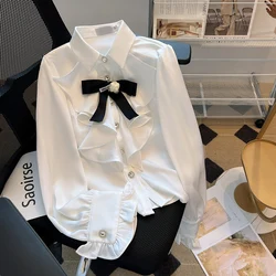 Victorian Vintage Gothic Lolita Shirts Women French Court Style Sweet Bow Ruffles Slim Blouses Harajuku Y2k Long Sleeves JK Tops