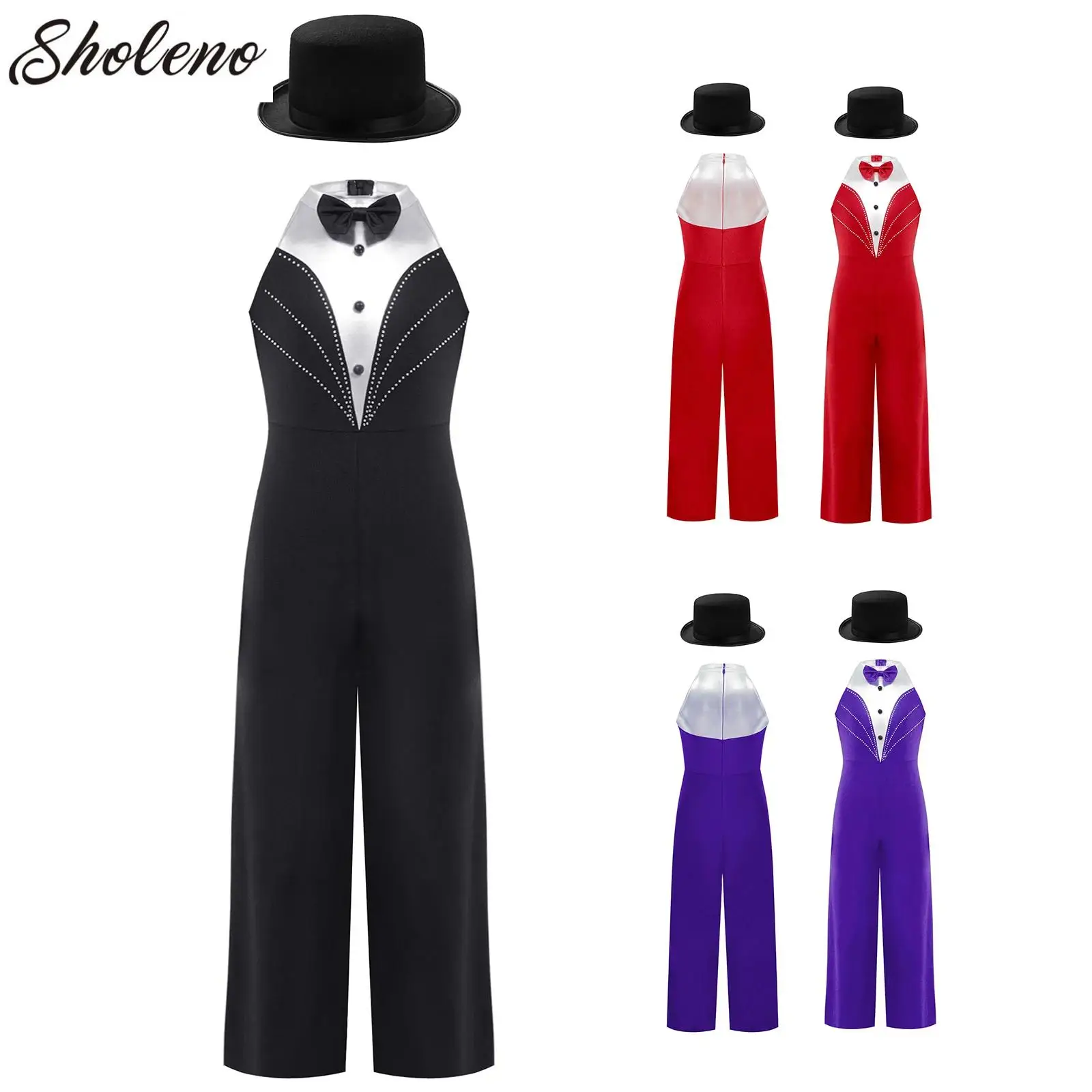 

Kids Girl Latin Dance Jumpsuit Rhinestone Patchwork Ballet Modern Jazz Dance Stage Performance Leotard with Hat Magician Costume