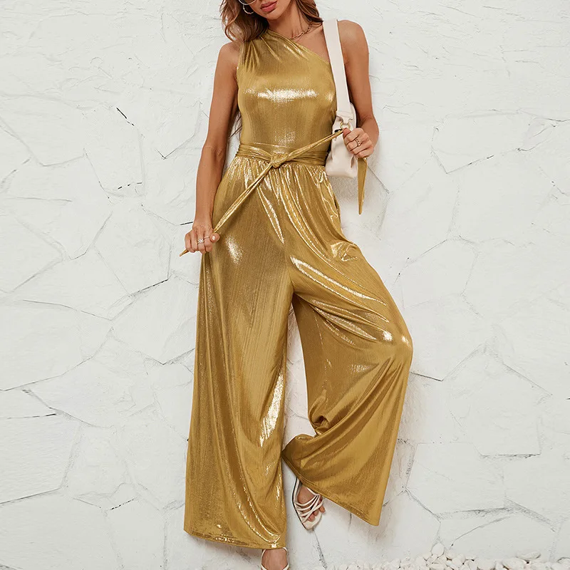 Independent Photography 2024 Women's Amazon Summer American Wide Leg High Waist Slanted Shoulder Hottie Sleeveless Jumpsuit Wome