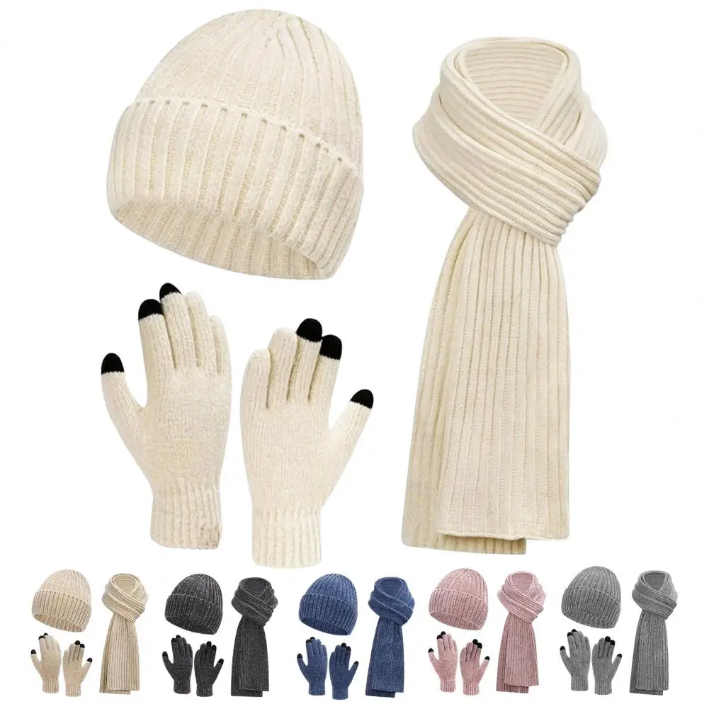 Winter Hat Scarf Gloves Set Unisex Knitted Beanie High Sensitivity Gloves Fleece Lined Full Beanie Set