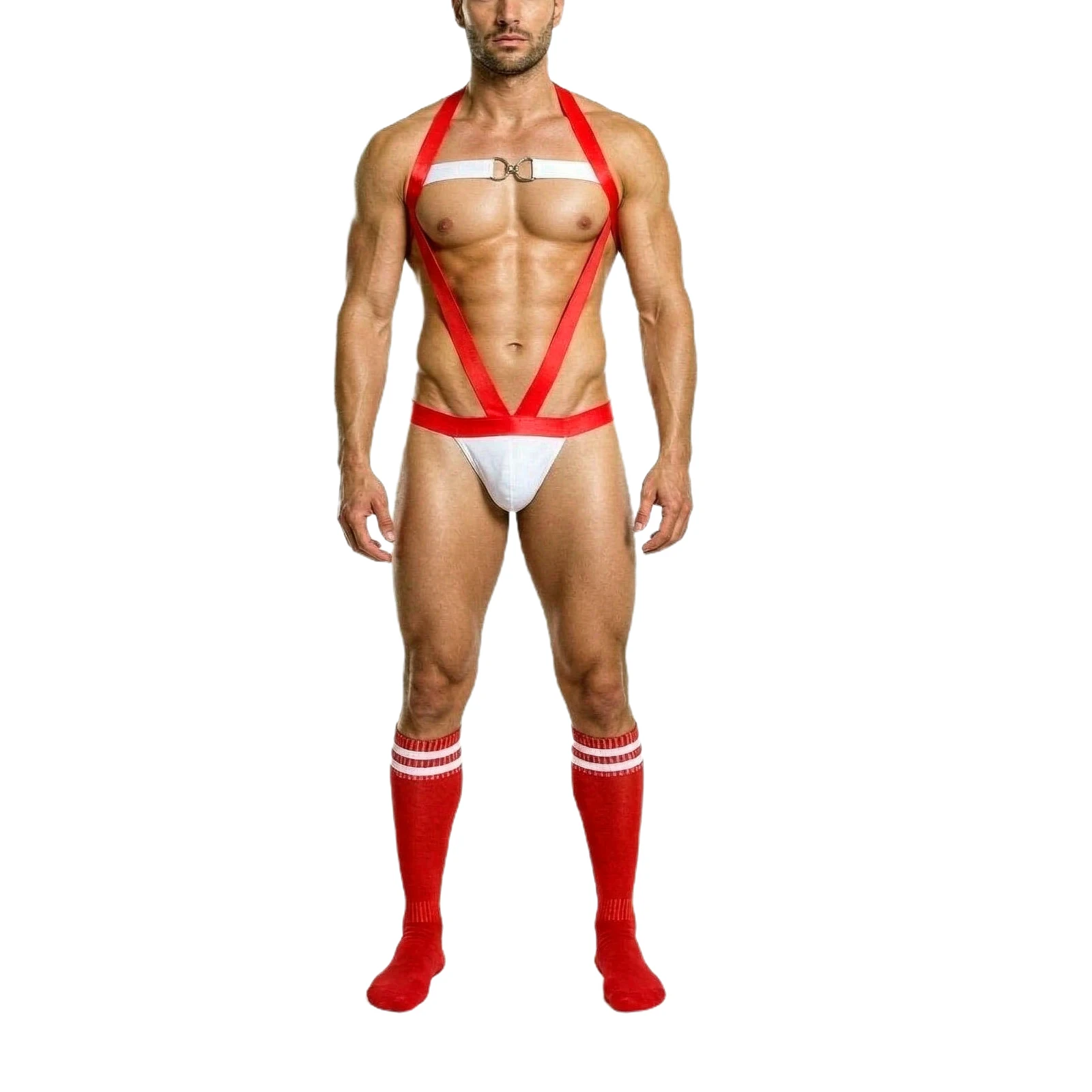 Christmas Santa Claus Body Chest Men's Sexy Hollow Out Bondage Penis Pouch Bodysuit Costume Nightclub Cosplay Elastic Straps
