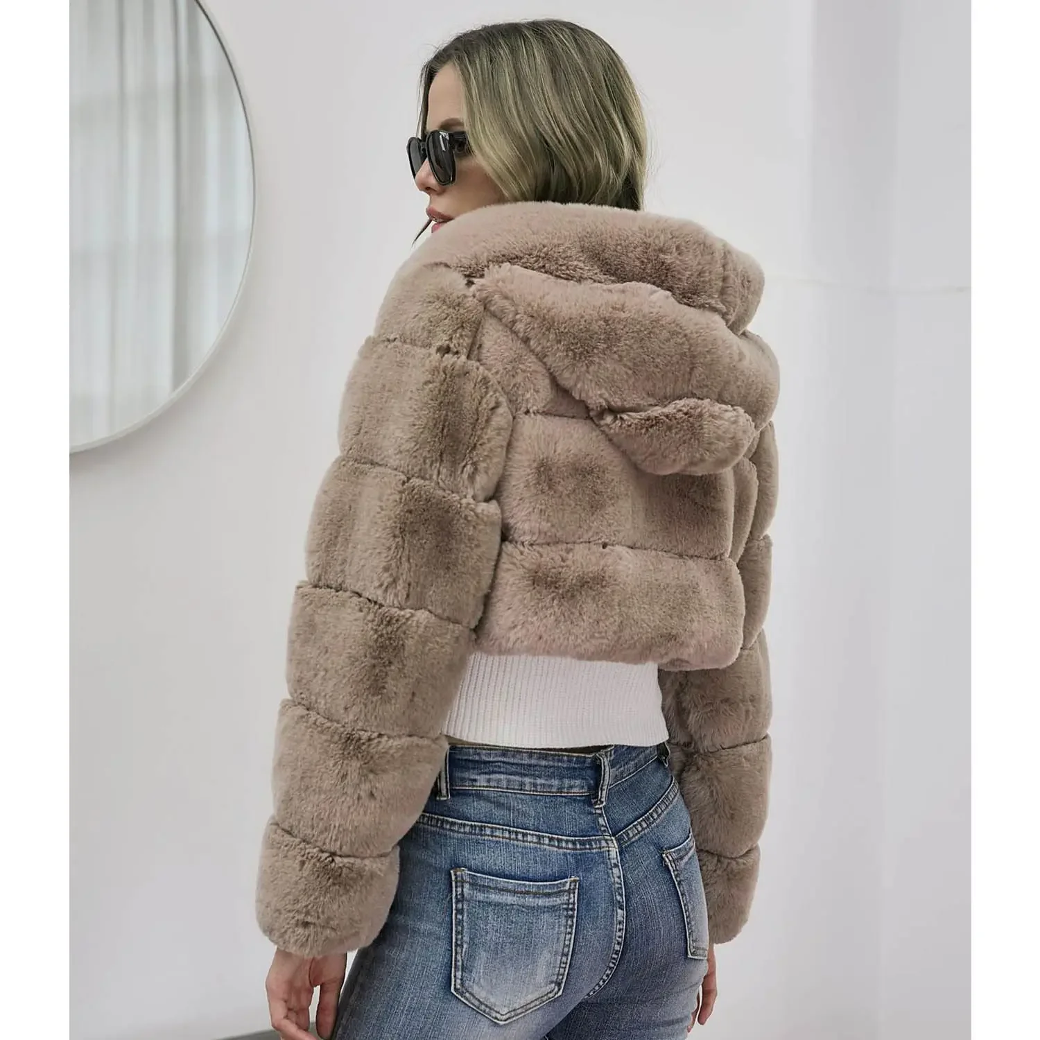 Winter Hooded Fluffy Jacket Women Faux Fur Coat Cropped Jacket Puffer Jacket Zip Up Winter Warm Fuzzy Teddy Coats Tops Outwear