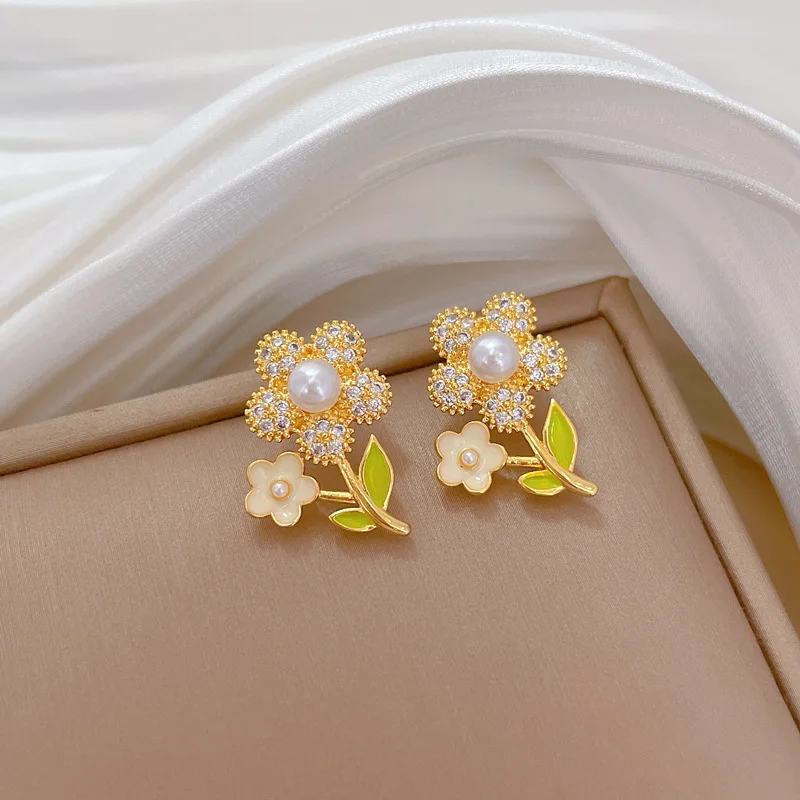 DIEYURO 316L Stainless Steel Zircon Sunflower Plant Pearl Pendant Necklace Earrings Set Women New Trend Non-fading Jewelry Gift