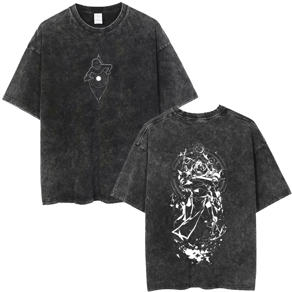 Gewaschenes Vintage Anime Fullmetal Alchemist Edward Elric und Alphonse Elric Merch T-Shirt für Herren und Damen Manga Lässiges Oversized T-Shirt – Detail 4