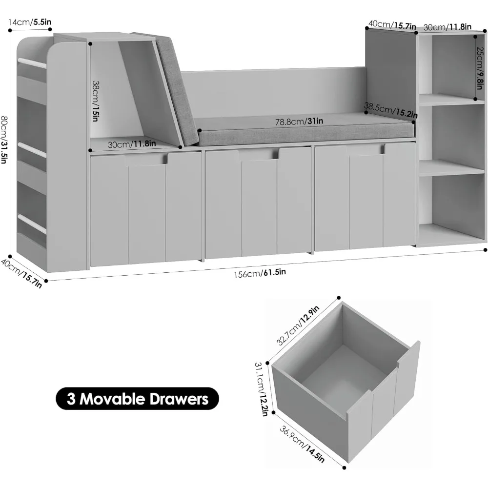 61.5 زاوية قراءة للأطفال مع رف كتب مكون من 3 طبقات، زاوية قراءة للأطفال مع مقعد مزدوج وأدراج دوارة، ورف كتب وشارع ألعاب
