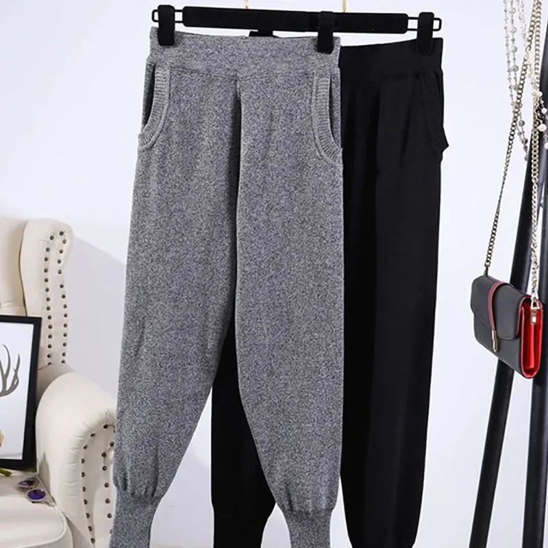 수제 비즈 체인 태슬 캐주얼 트랙슈트 여성용 O넥 풀오버 스웨터 팬츠 니트 스포츠 세트 블랙 그레이