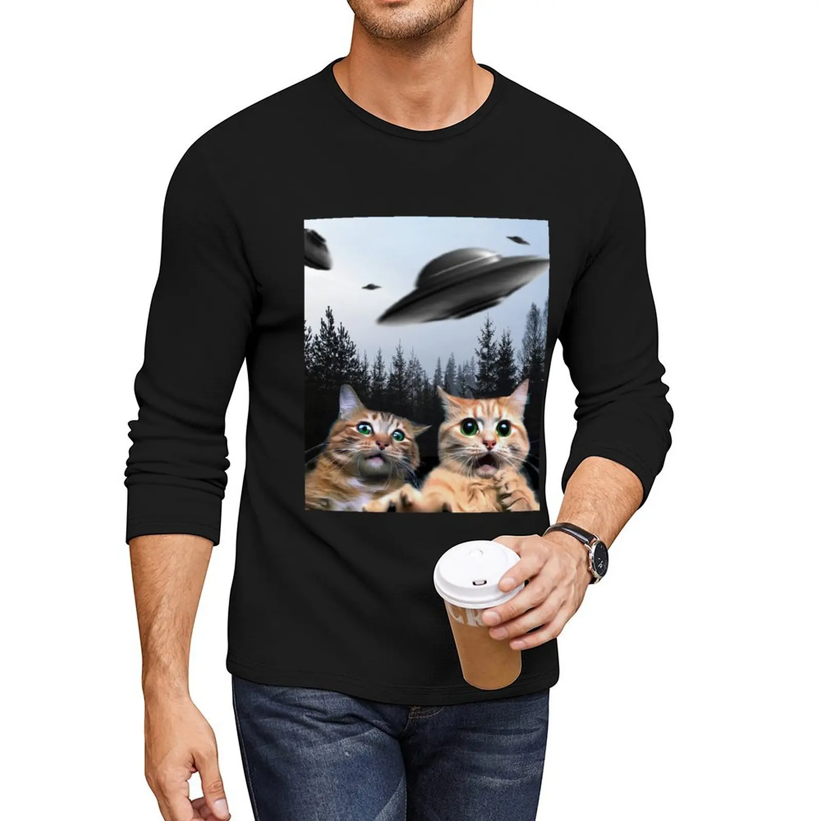 Funny Cat Selfie with UFOs Long T-Shirt anime clothes Men's clothing