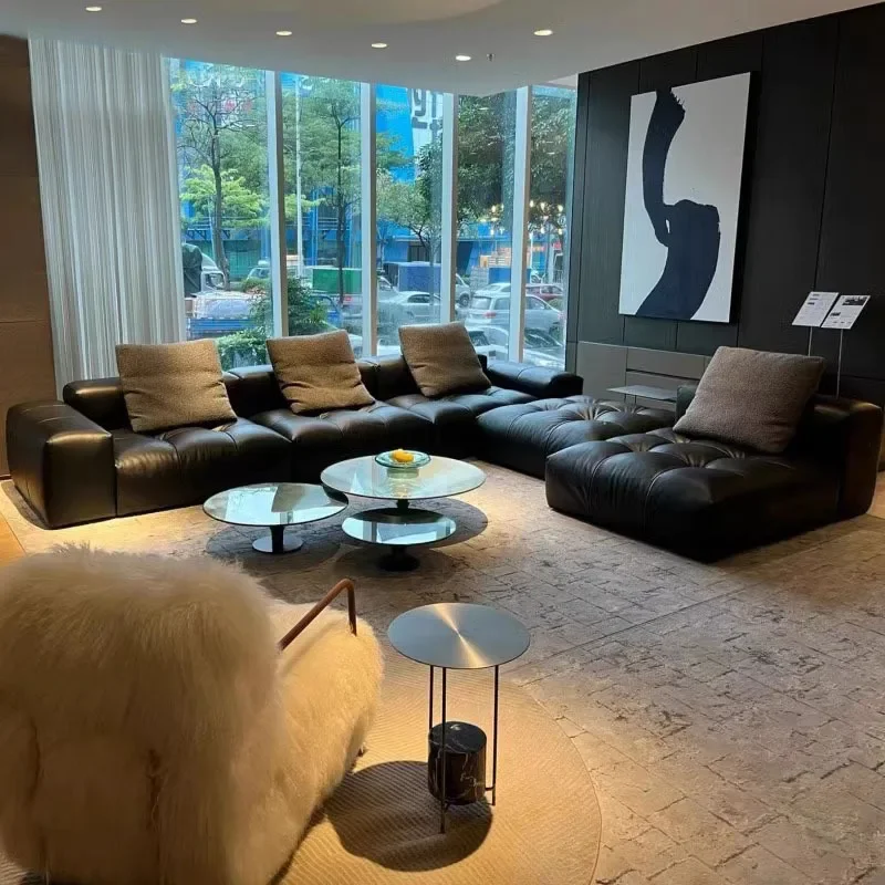 Italian minimalist pixel sofa high-end original large flat layer first layer cowhide modern