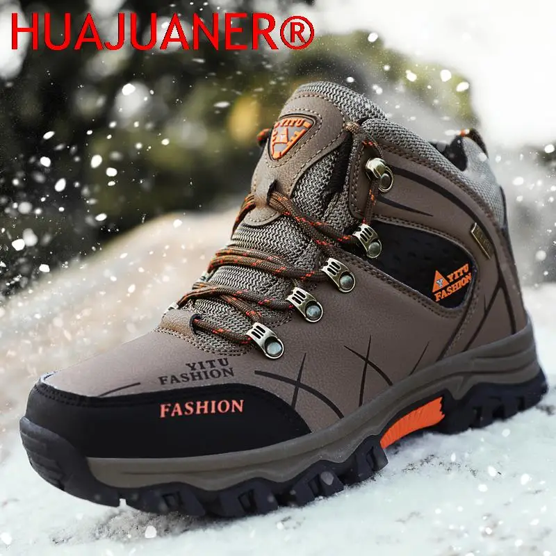 Winter Ankle Boots Leather Men Casual Shoes Outdoor Waterproof Work Rubber Mens Hiking Boots Sneakers Warm Snow Boots