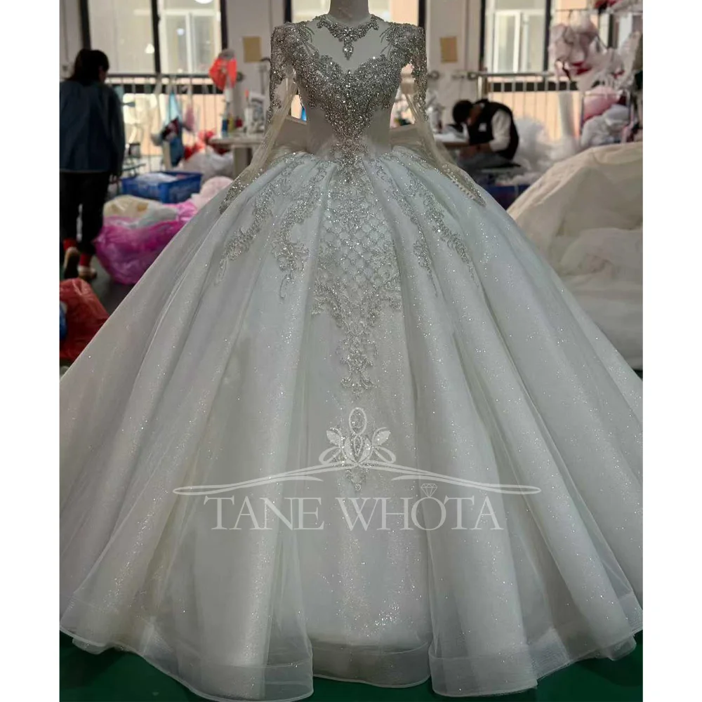 

Women's O-Neck Wedding Dress With Long Sleeves Crystal Sequined Bow Lace-Up Keyhole Back Customized Ball Gown
